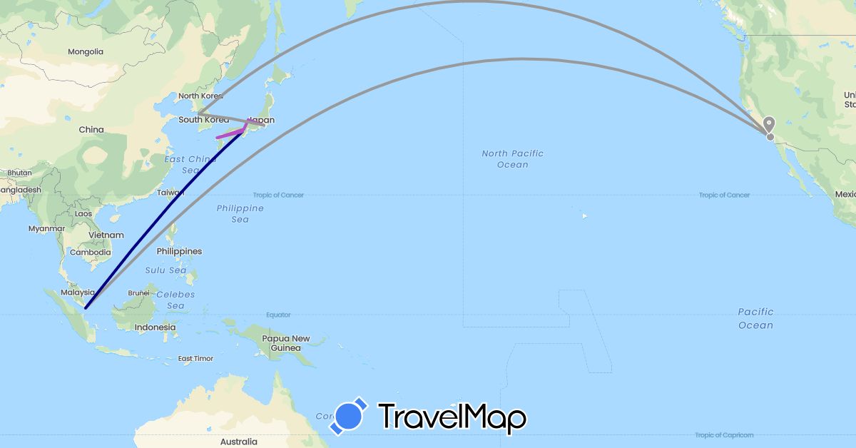 TravelMap itinerary: driving, plane, train in Japan, South Korea, Singapore, United States (Asia, North America)